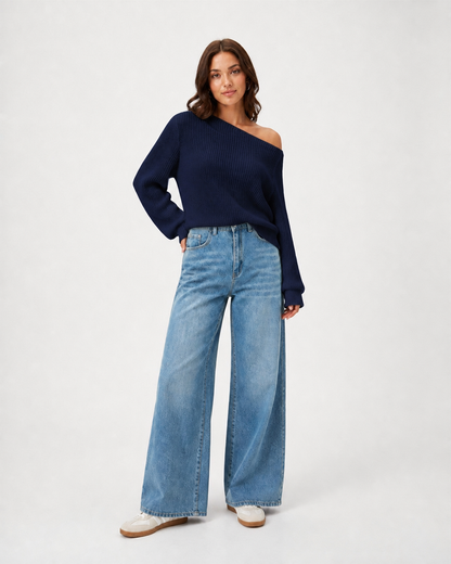 Sweater Off Shoulder Petite - Blanco - Azul marino