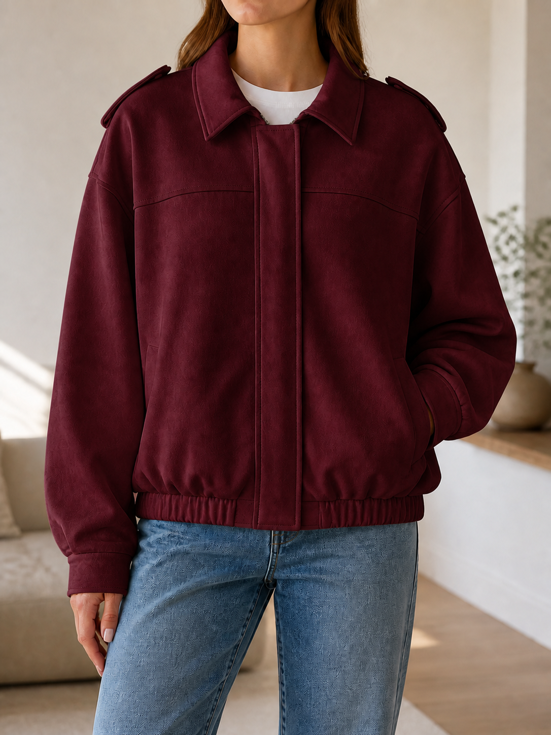 Chaqueta Bomber Ante - Verde Militar - Burdeo