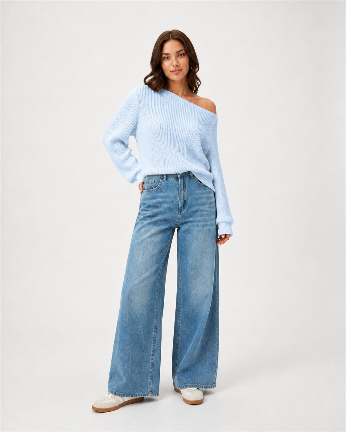 Sweater Off Shoulder Petite - Blanco - Celeste