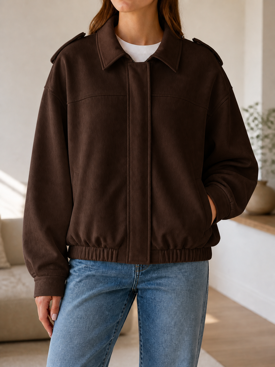 Chaqueta Bomber Ante - Verde Militar - Chocolate