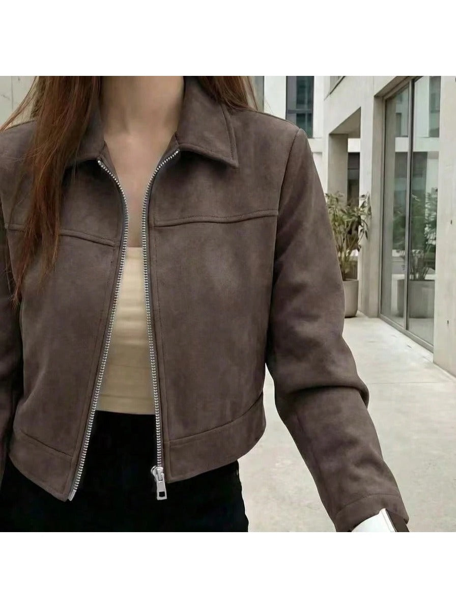 Chaqueta Ante Solapa Cremallera - Café
