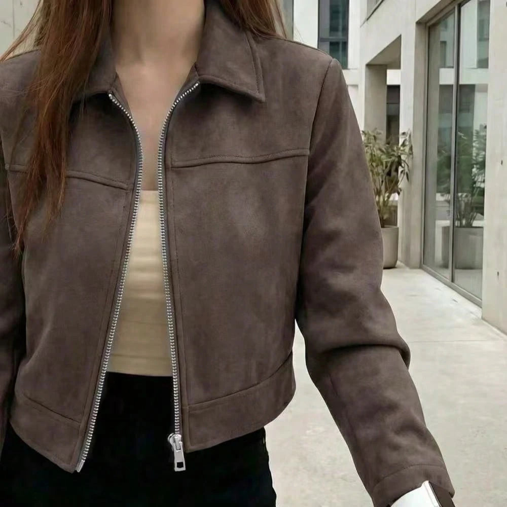 Chaqueta Ante Solapa Cremallera - Café