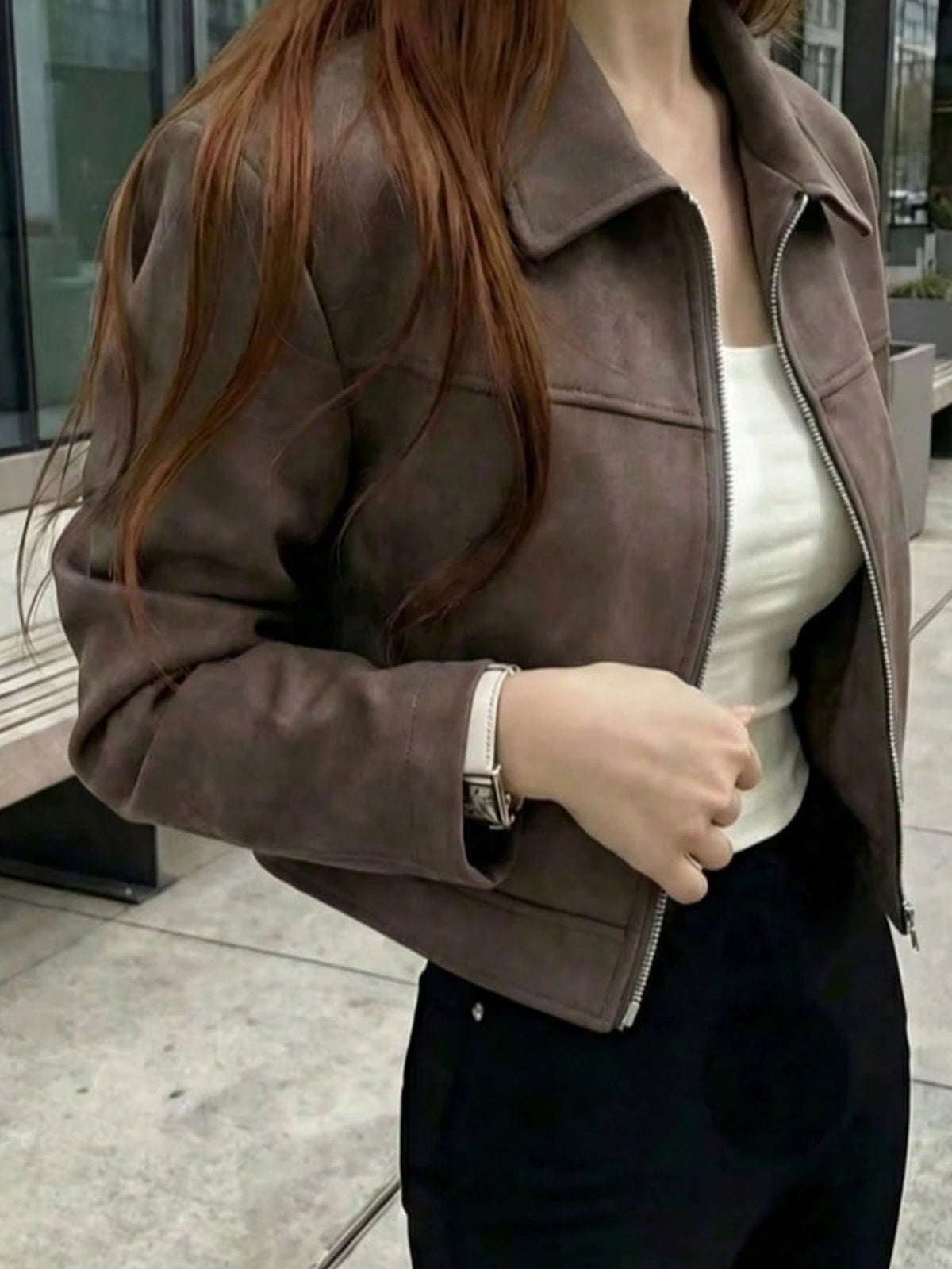 Chaqueta Ante Solapa Cremallera - Café
