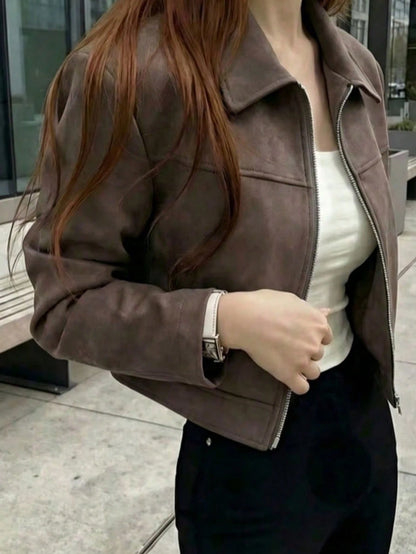Chaqueta Ante Solapa Cremallera - Café
