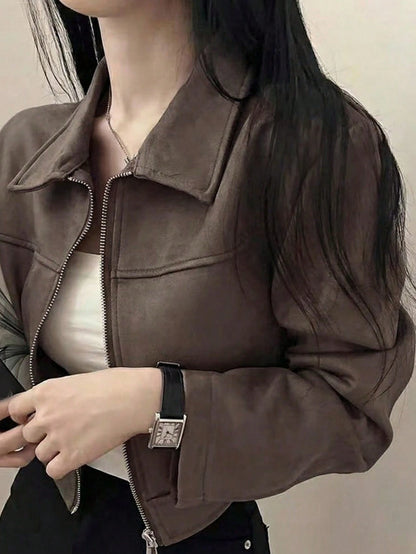 Chaqueta Ante Solapa Cremallera - Café