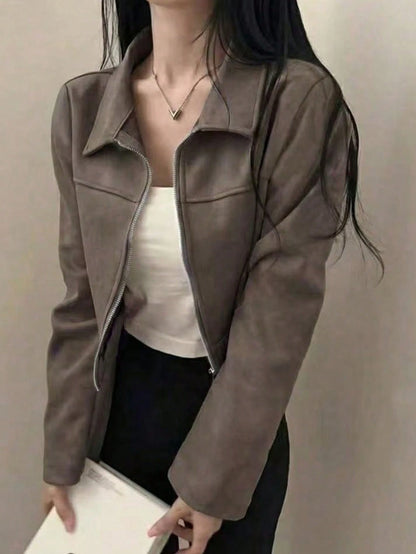 Chaqueta Ante Solapa Cremallera - Café