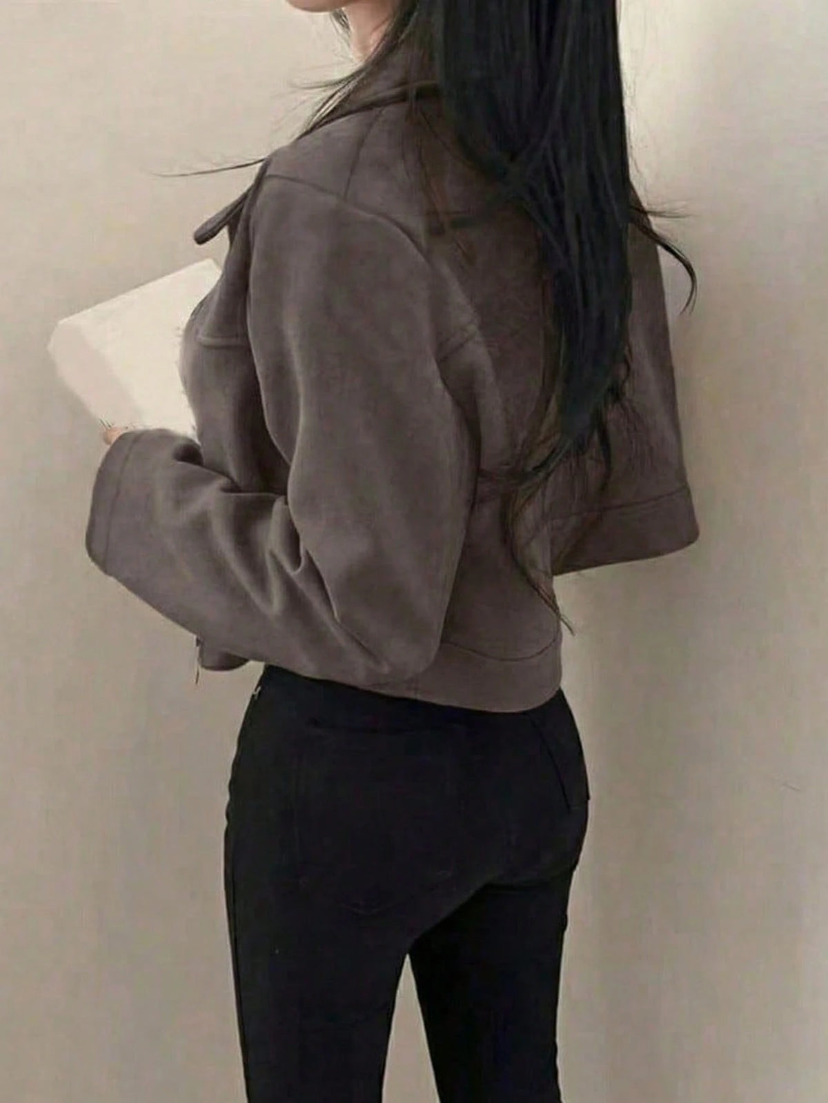 Chaqueta Ante Solapa Cremallera - Café