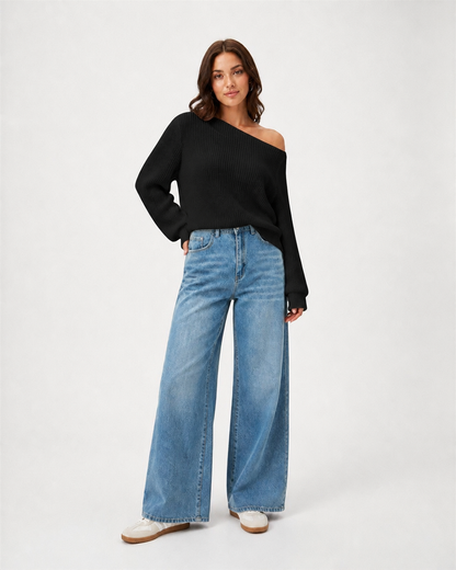 Sweater Off Shoulder Petite - Blanco - Negro