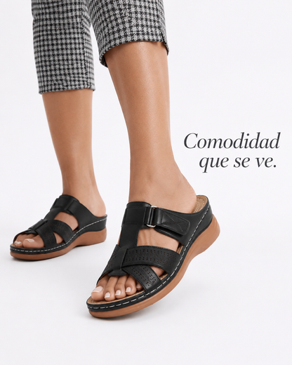 Sandalias cuero cómodas pie ancho negro - hero