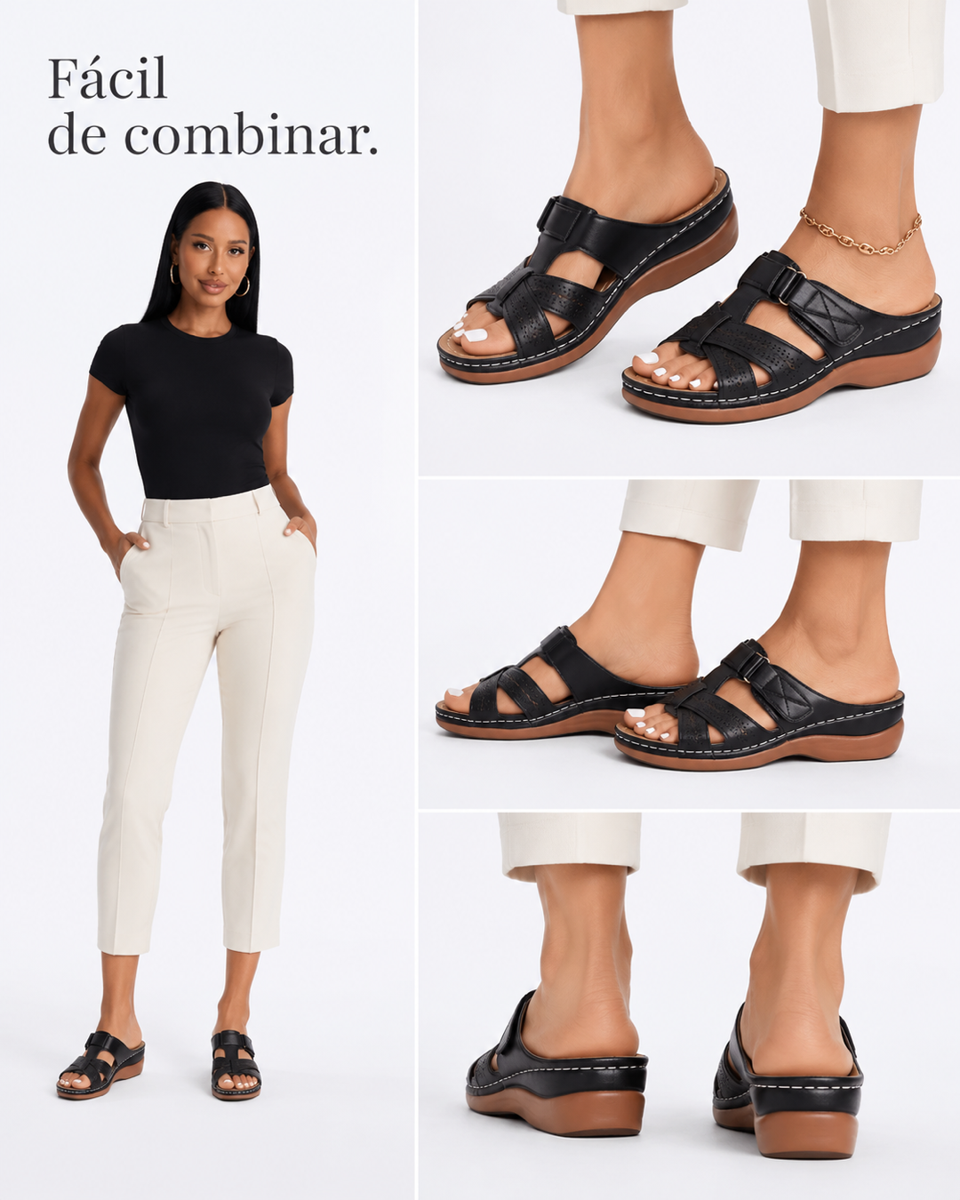 Sandalias Cuero Cómodas Pie Ancho - Negro — vista editorial