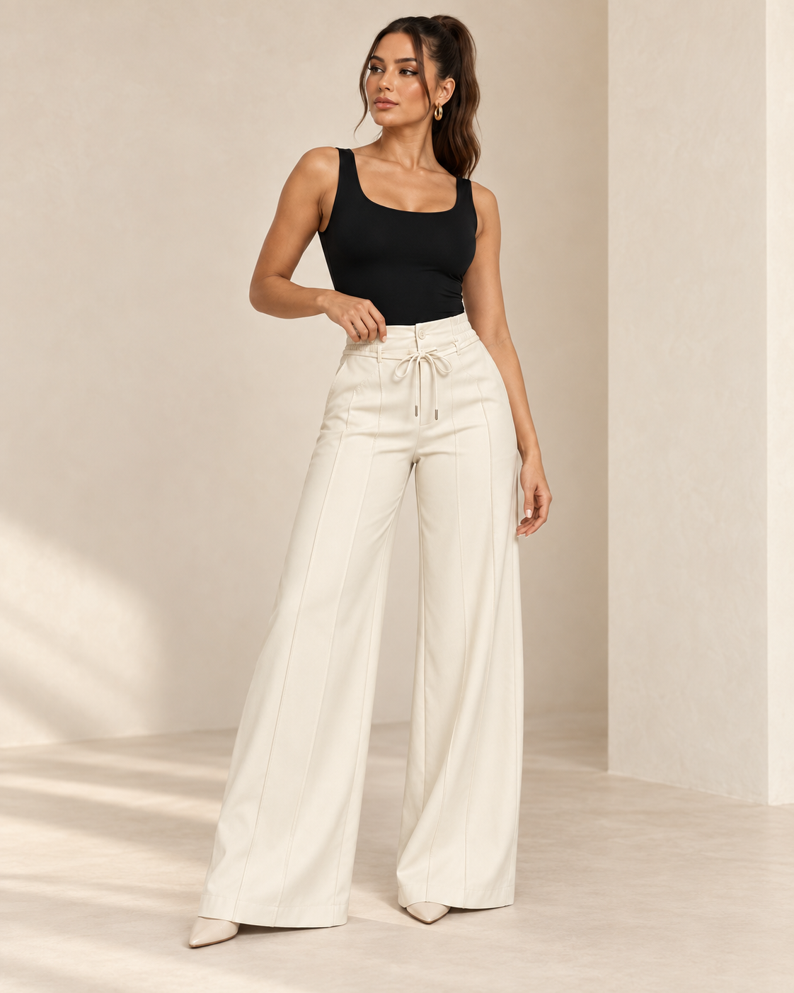 Pantalón Palazzo Monaco color crema en una producción editorial de BRUNAS STUDIO