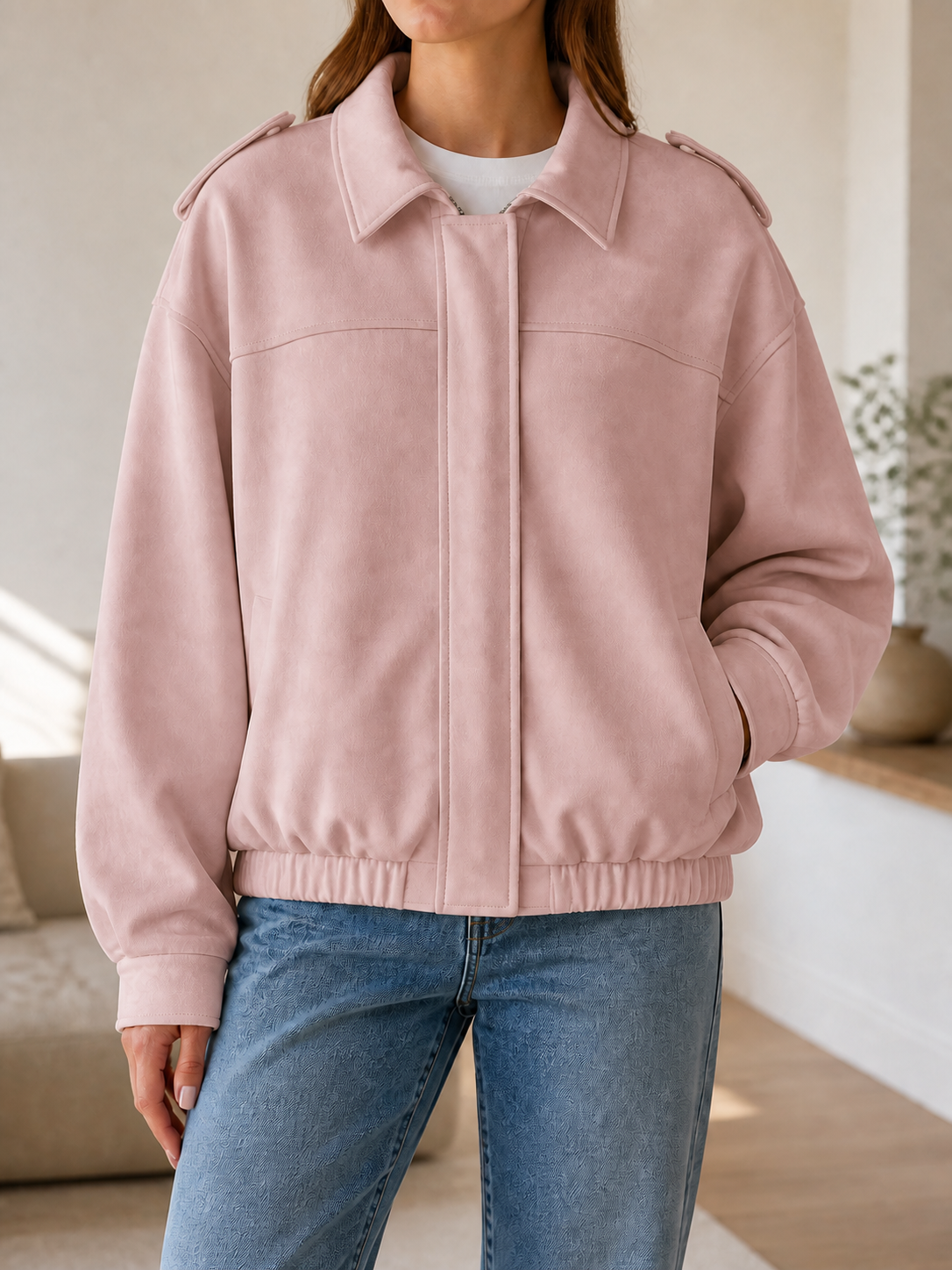 Chaqueta Bomber Ante - Verde Militar - Rosado